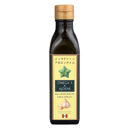 インカグリーン・アホエンオイル 180g インカグリーンナッツオイルをベースに、スペイン産紫にんにくを低温でじっくり漬け込み抽出されたアホエン(Ajoene)成分を含むフレーバーオイルです。オメガ3脂肪酸とにんにくのアホエン、W(ダブル)の成分で、こころもカラダもクリアな毎日を。 商品写真